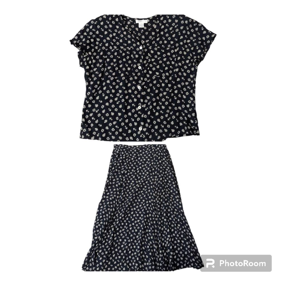 VTG Liz Claiborne Navy & White Nautical Print Blouse & Skirt Set Women's 10 & M